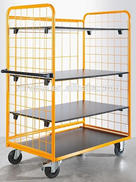 Mesh Trolley With MDF Stage  Metal  Industrial Transport Heavy Capacity Four Wheel Storage Trolley Carts Platform