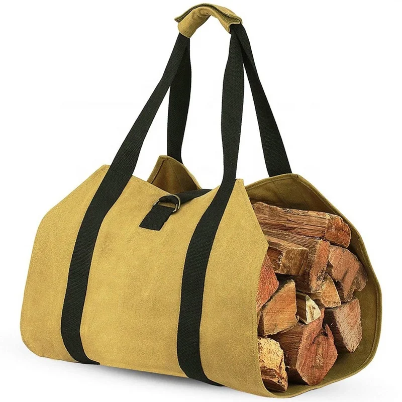 Factory Custom Logo Foldable Large Tote Wood Handbag Water Resistant Canvas Firewood Carrying Bags