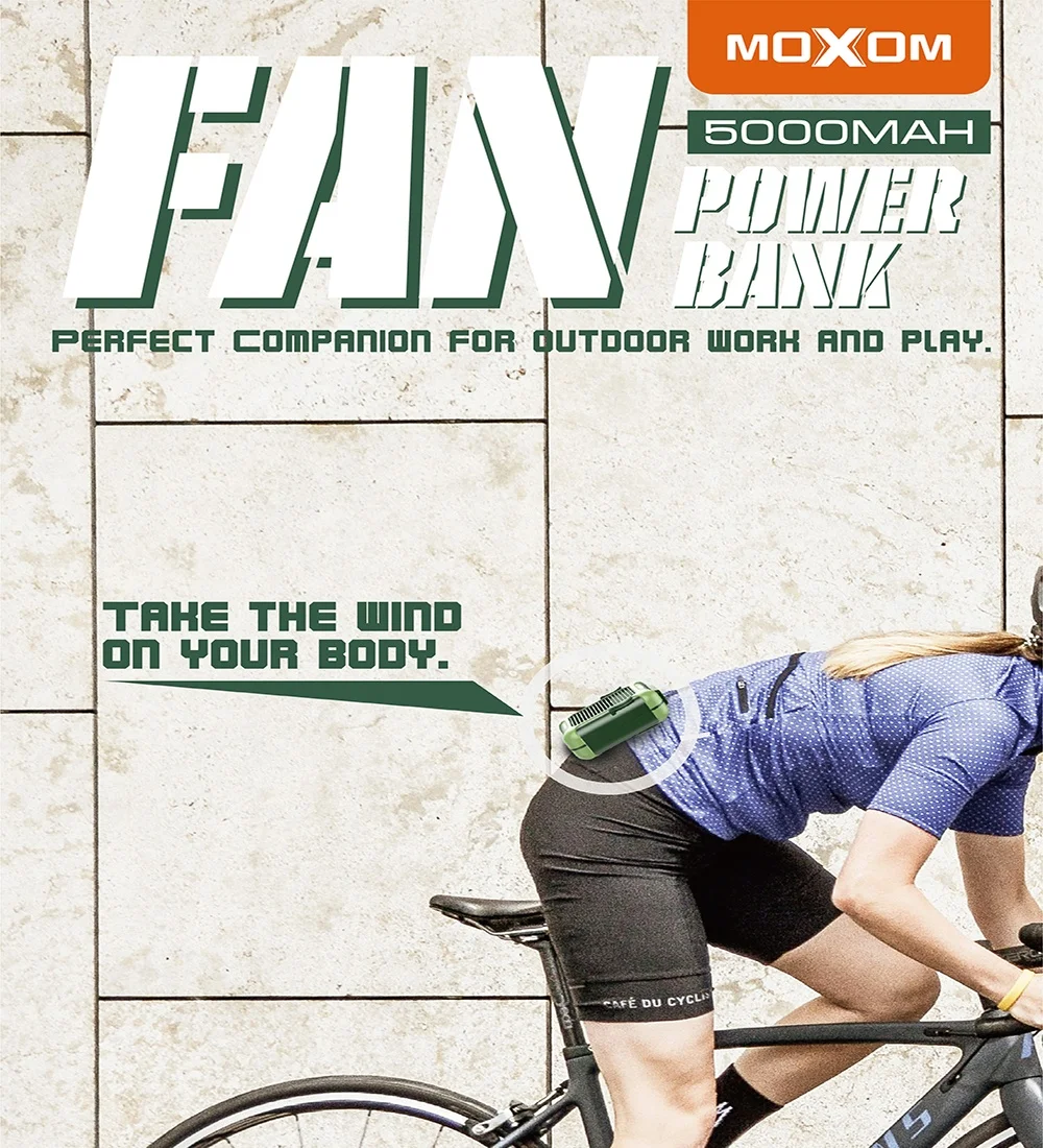 Newest 2 in 1 function running riding fan Rechargeable Mini Portable Fan 5000mah Emergency PowerBank by MOXOM