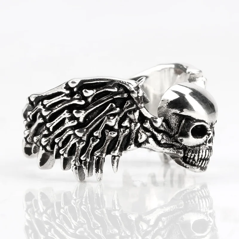925 Sterling Silver Skull Men Ring Big Boss Terminator Black Angel Devil Evil Eyes Biker Punk Ring for Men Fashion Jewelry