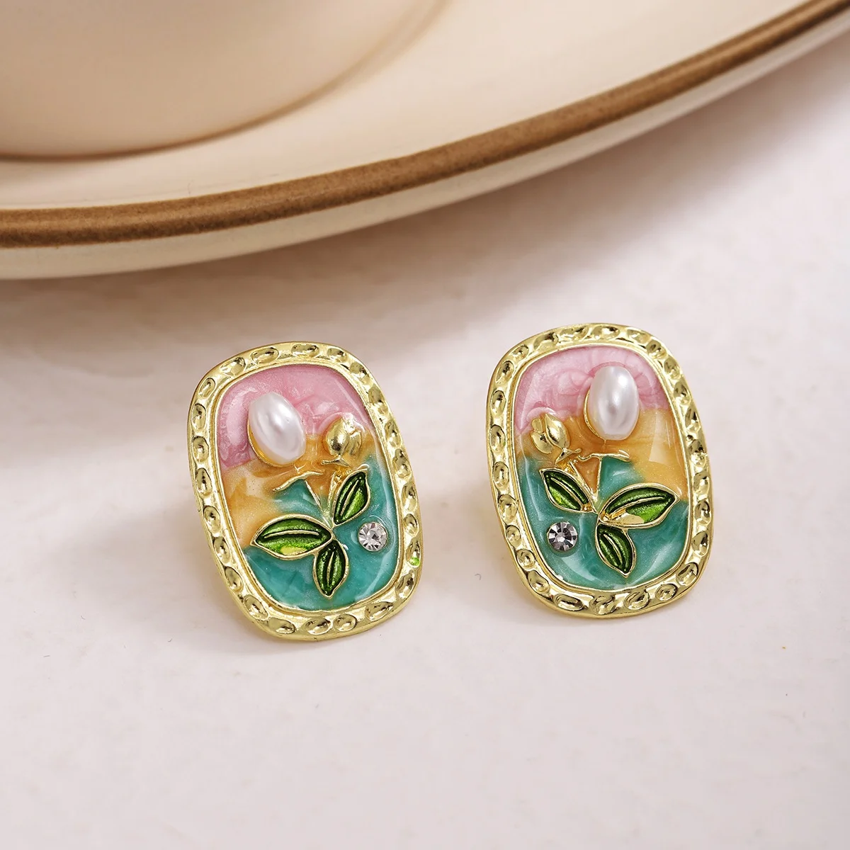 925 silver needle summer oil painting oval drop flower earrings ladies retro Pearl earrings