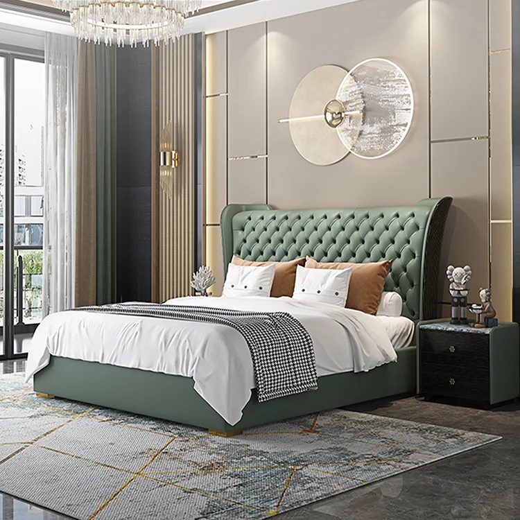 Modern leather 1.8 meters wholesale king size Luxury modern chesterfield bed new bedroom Solid Wood bed furniture