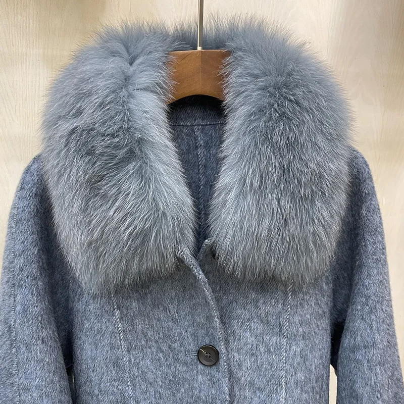 High Quality Fur Collar Wool Coat Winter Fashion Women Cashmere Coat With Real Fur