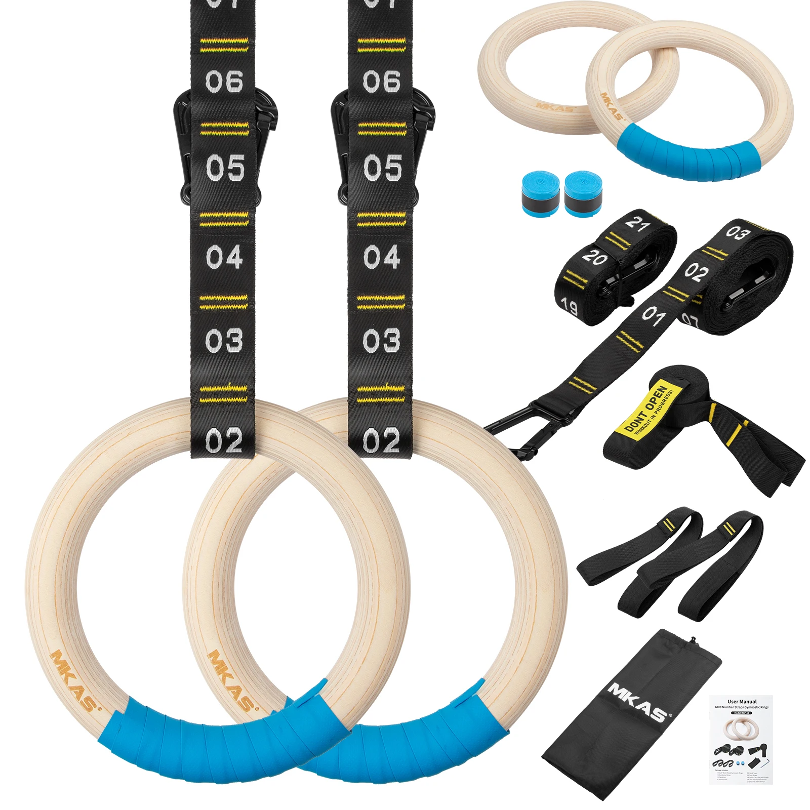 MKAS Wooden 1.25' 32mm Adjustable Numbered Straps Pull Up Ring Set for Workout Bodyweight Fitness Training Gym Gymnastic Rings