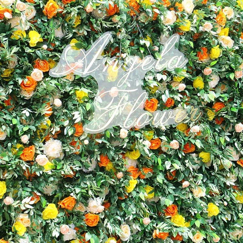Yellow Orange Rose Green Leaves Artificial Flower Wall Arrangement Cloth Roll Up Hang Flower Wall Wedding Backdrop Decor Prop