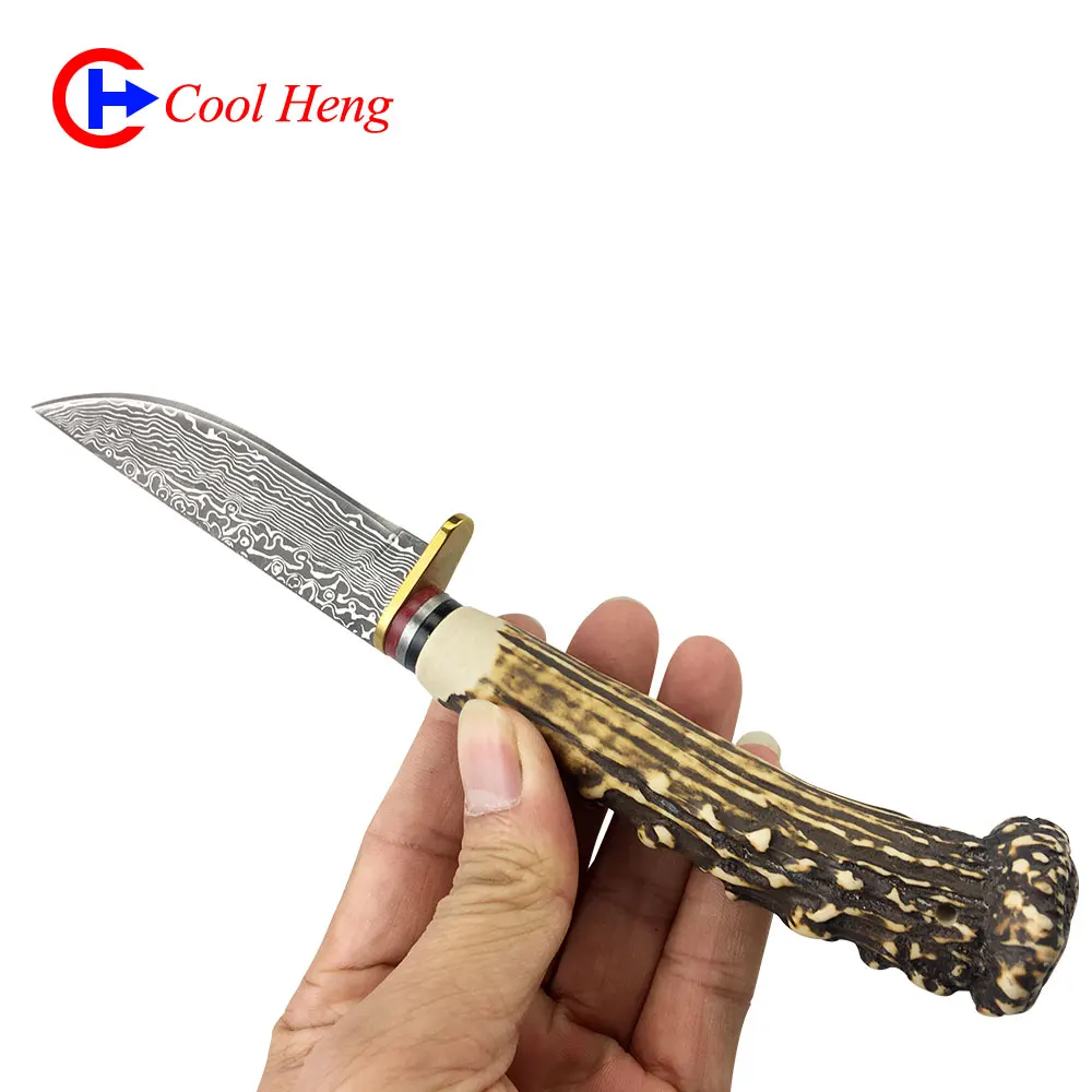 Wholesale CH1606 Damascus steel pattern+Simulated antlers handle Outdoor camping hunting knife Fixed edge knife