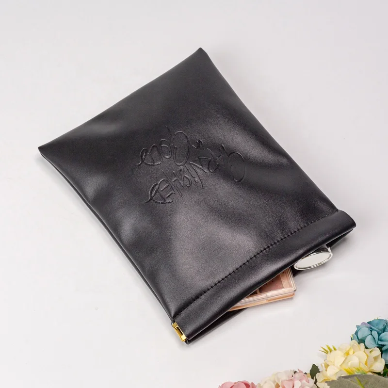 Durable Black Pu Leather Cosmetic Jewelry Bag Portable Travel Cosmetic Toiletry Pouch with Magnet Metal Leather Small Bag Makeup