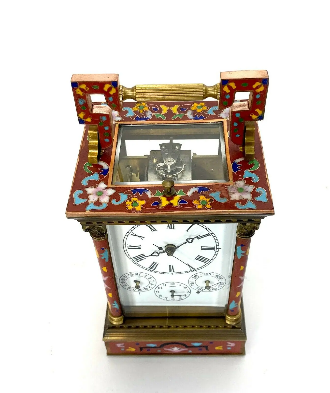 18th French antique Floral Red Cloisonne gilt brass cased 8 Day Repeater Alarm Chiming Calendar Porcelain Carriage Travel clock