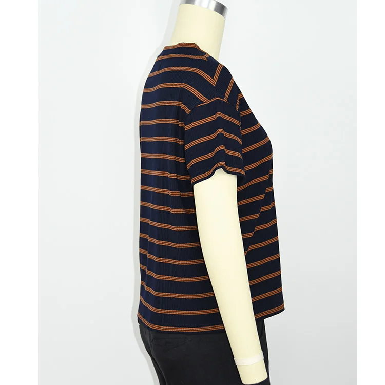 WOMENS VISCOSE YARN DYED STRIPE  RIB LOOSE FIT T-SHIRT, OEM, ODM