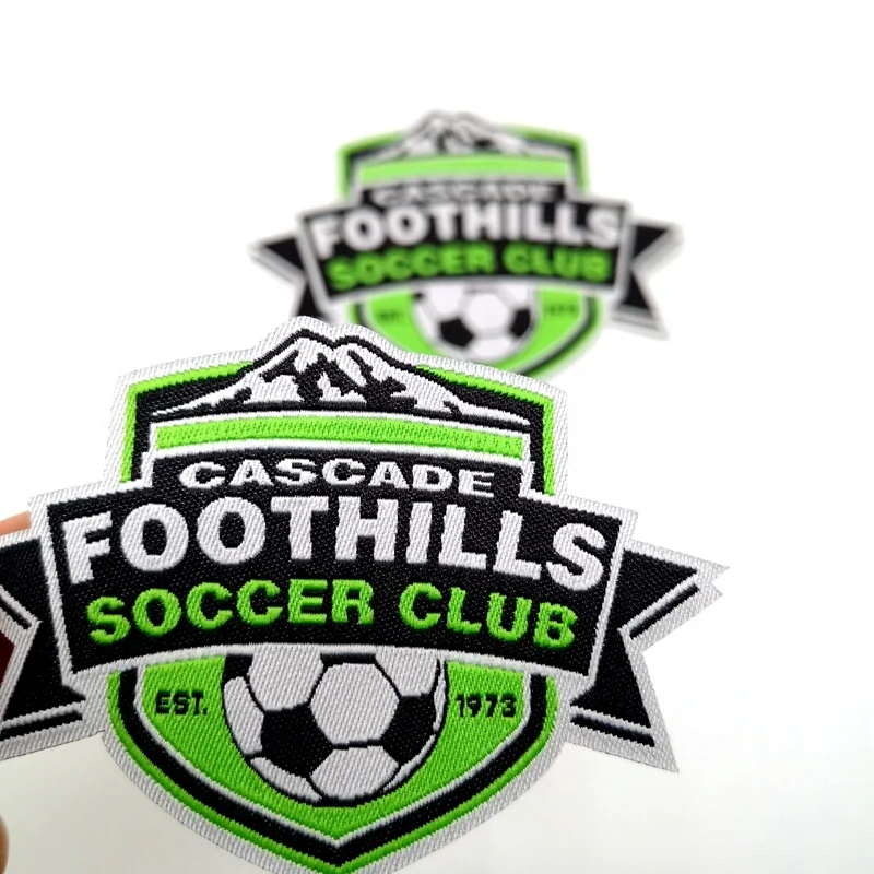 Low MOQ iron on woven label patches for football club sports wear