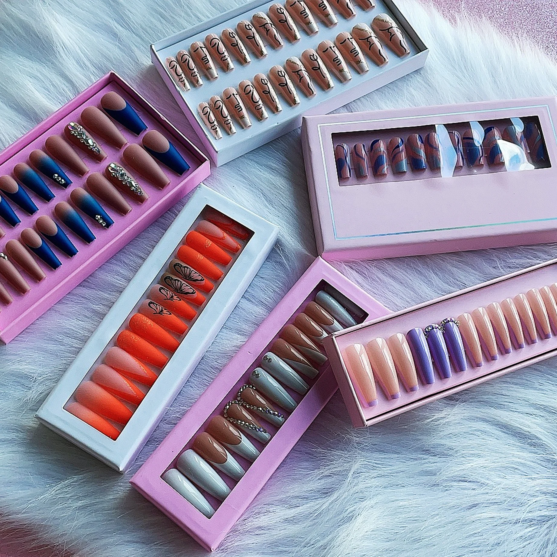 Naixi Free Samples Hot designNails Press on Long Ballerina Acrylic Nails Diamond Luxury Medium Coffin French 24pcs/Box Blind Box