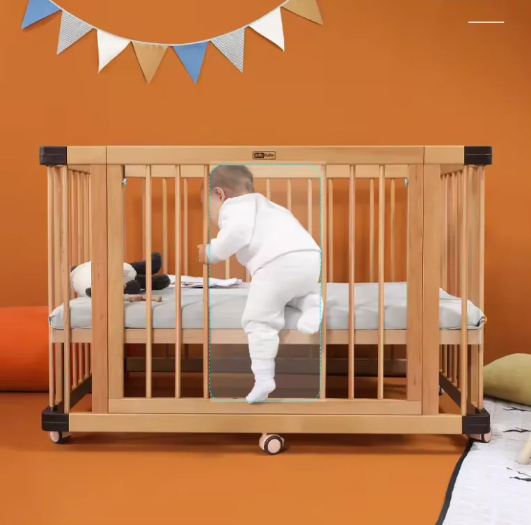 Nursery Furniture Beech Convertible Cribs Wooden Baby Small Sleeping Bed with Cushion  For Babies