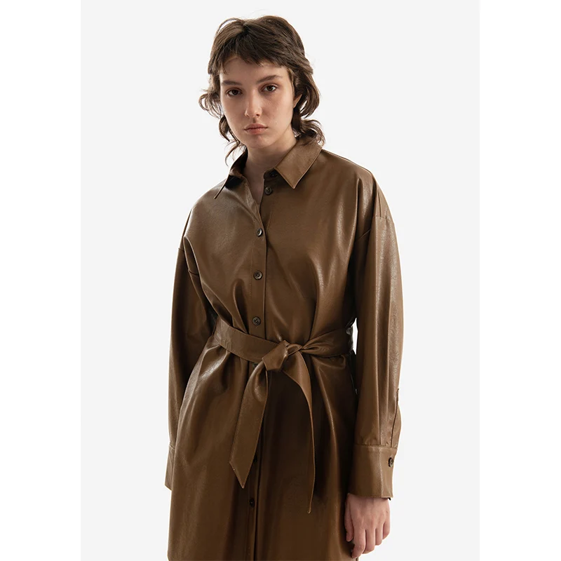 Новый дизайн, оптовая продажа, Классический Топ, повседневные кожаные женские платья-рубашки с длинным рукавом, на пуговицах, мешковатая винтажная блузка