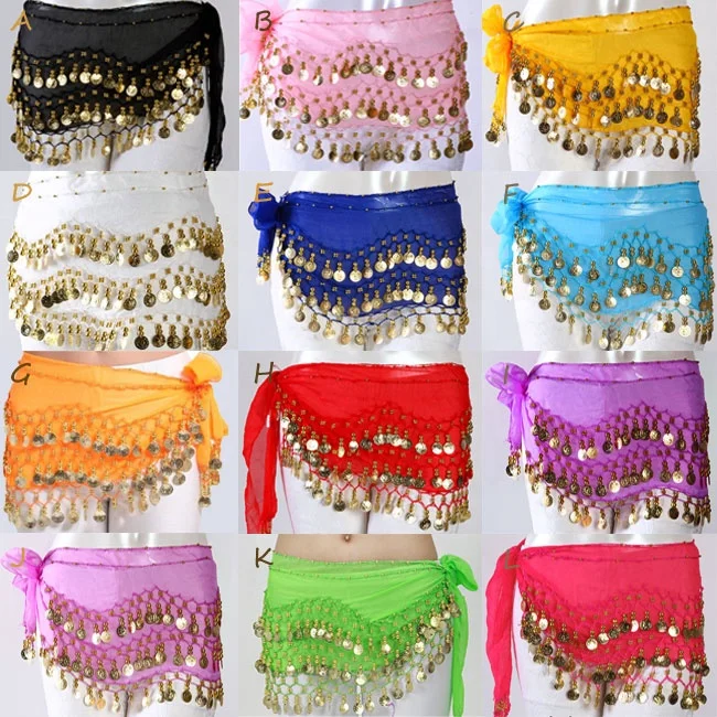 3 ROWS GOLD COINS BELTS BELLY DANCE HIP SCARF WRAP DANCER SKIRT COSTUME