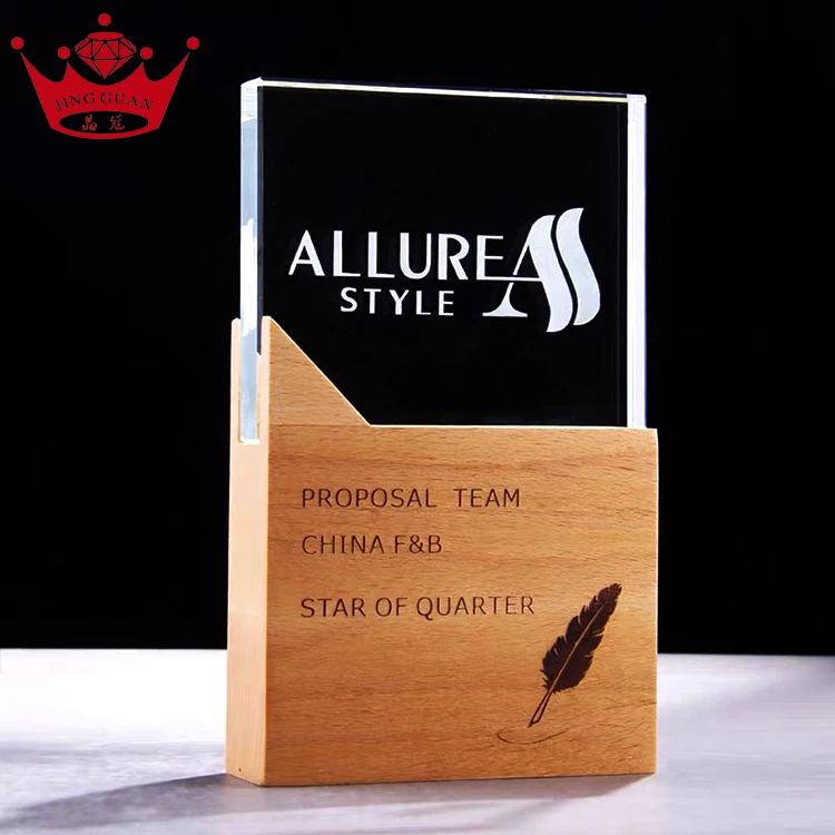 
Design Logo Rectangular Shape Custom Engraved Trophy Crystal Wooden Award Plaque 