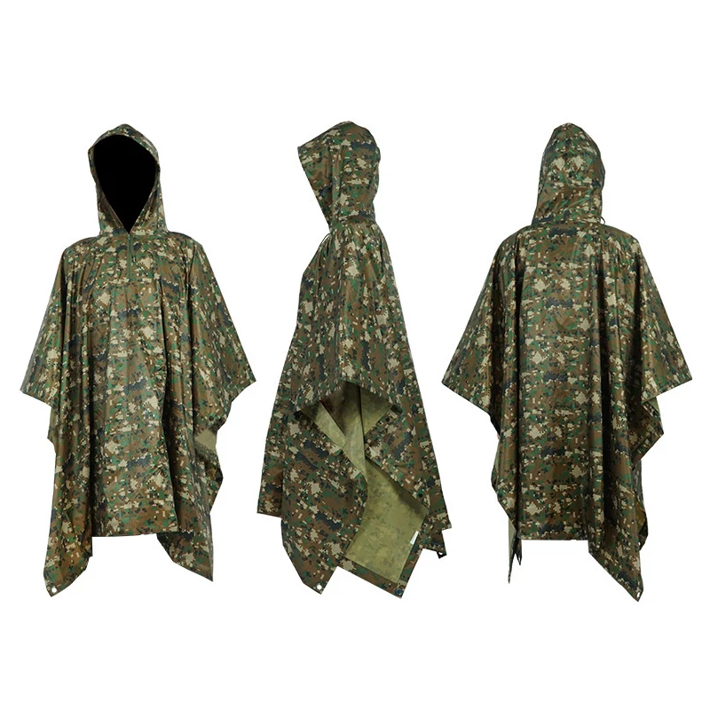 Impermeable PVC Polyester Outdoor Activities Tactical Camouflage Square Cloak Poncho Rain Cape Raincoat