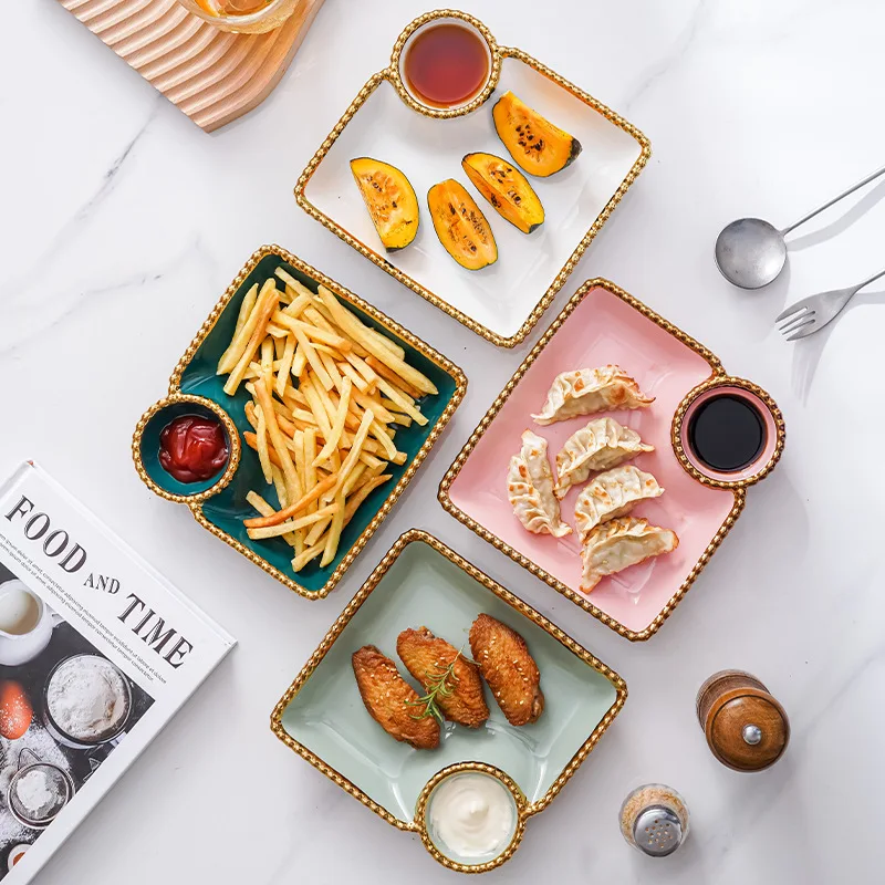 New Arrival Luxury Nordic Style Golden Rim Dumplings Sushi Snack White Serving Plate Luxury Ceramic Phnom Penh Square Plate