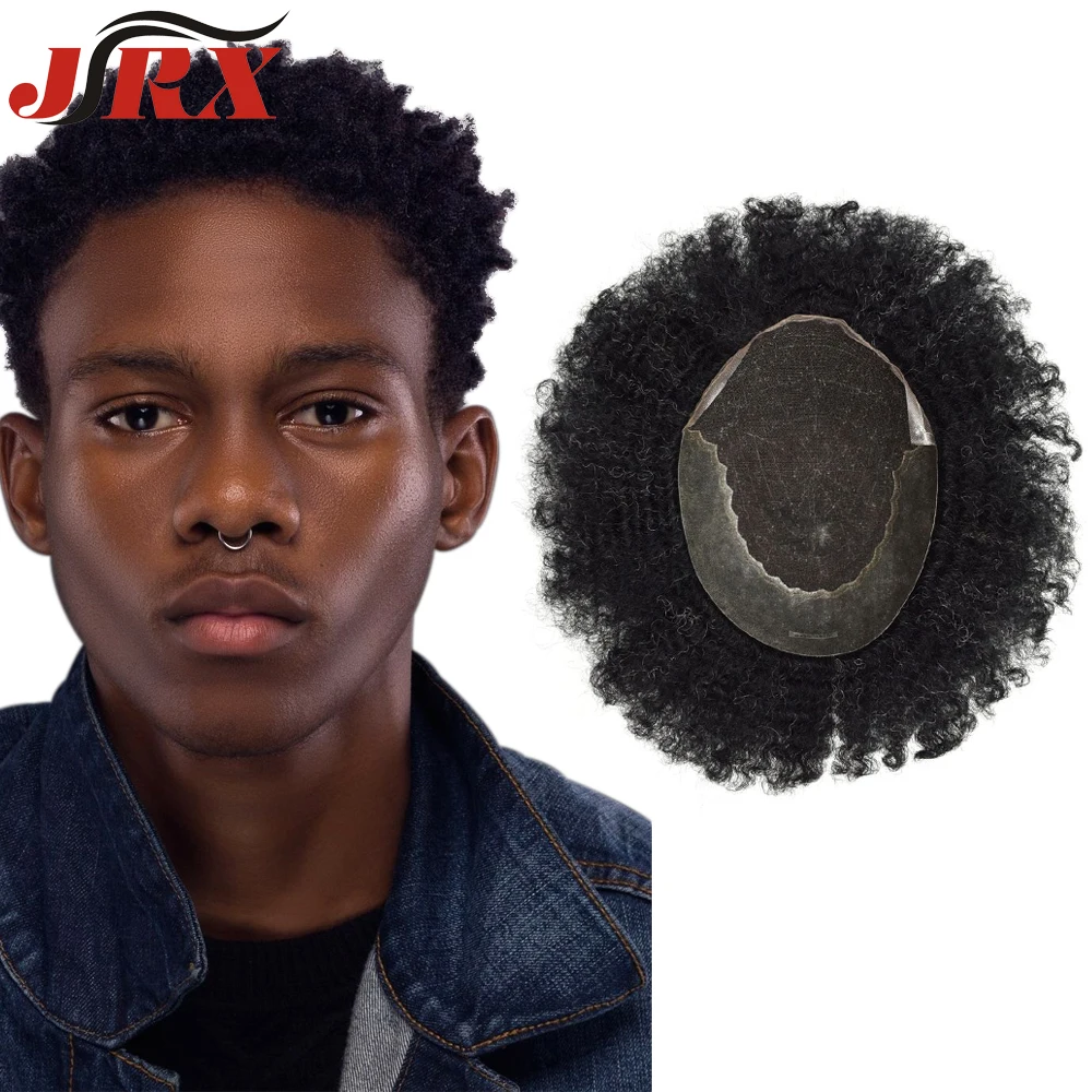 
Men Toupee Durable Replacement Lace & PU Afro Kinky Curly indian Remy Hair For Men Remy Hair Replacement Men Wig 