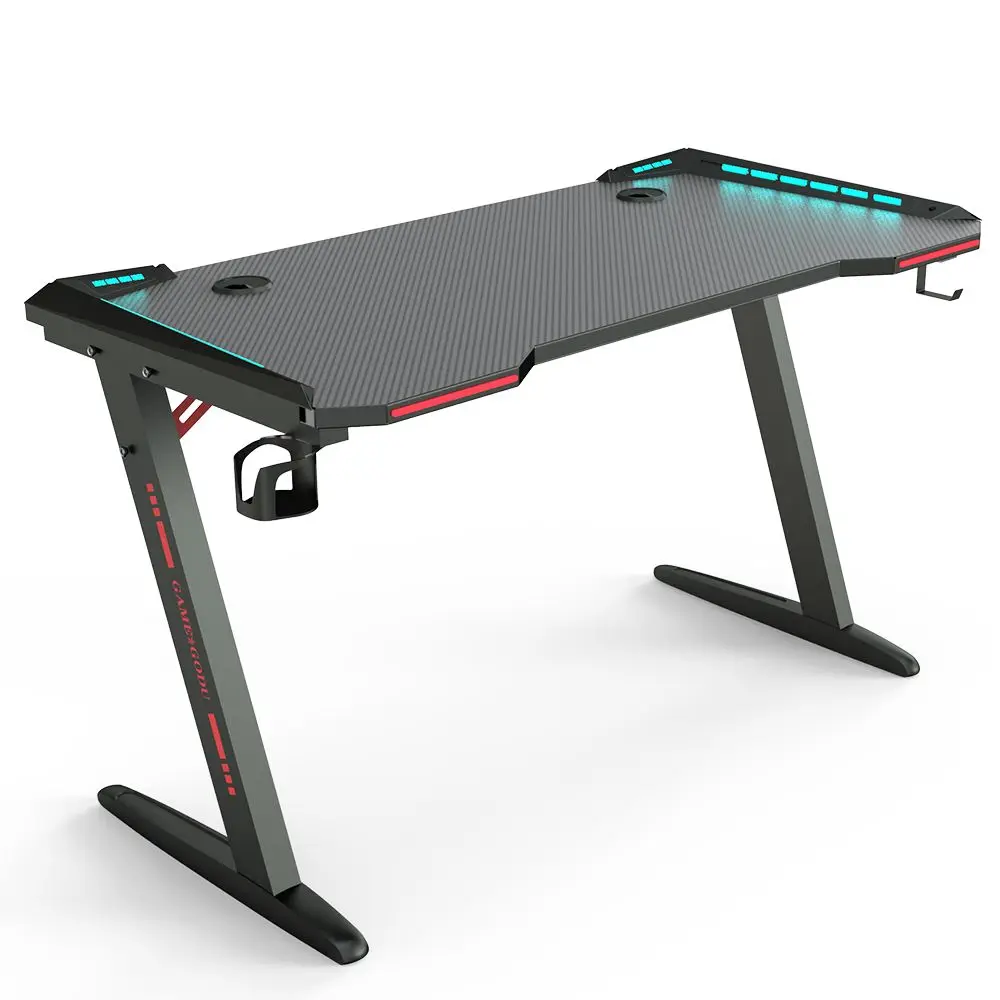 Beisijie Durable Gaming Desk with RGB LED Lights Large Z-Shaped PC Computer Game Desk Table for Gamer