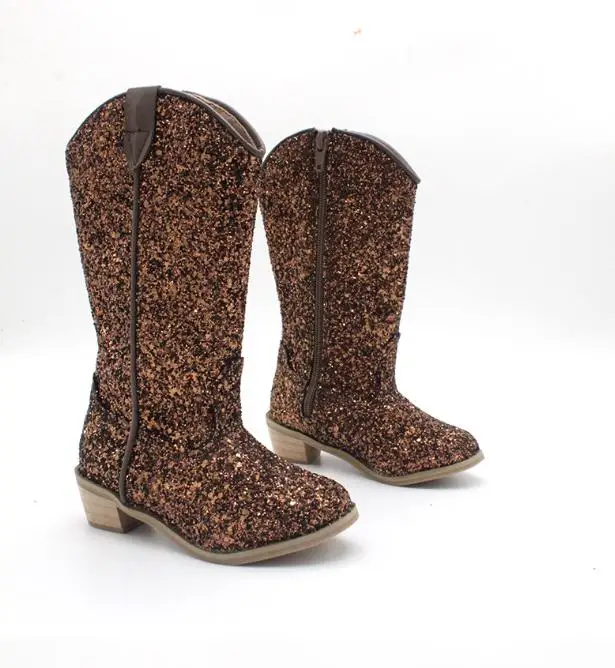 2024 New bling kids boys zipper midi bootie western cowboy heel snow boots children girls winter sequins knight boots