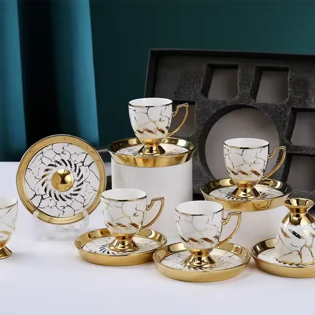Chinese Custom Luxury Golden 6 Pcs Set Gift Box Porcelain Tea Saucers Turkish Coffee Ceramic Cup Set With handle