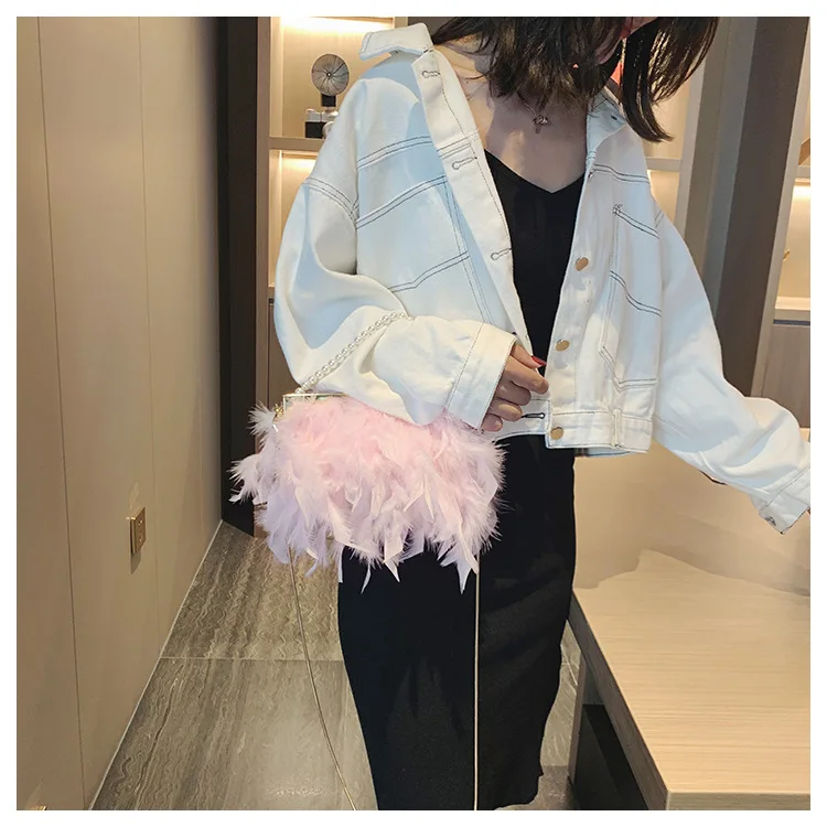 Feather hair handbag pearls chain girls fashion tote bag metal chain shoulder bag