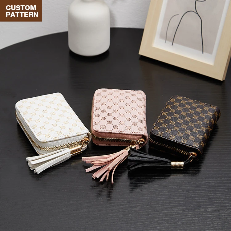 Custom Printed Luxury Designer Women Pink Pu Leather Credit Card Wallet With Zipper