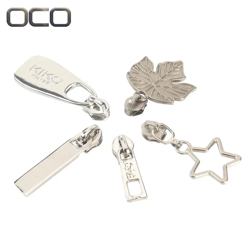 OCO Wholesale metal Custom logo zipper pull head fancy custom no lock zippers puller zipper slider for bag