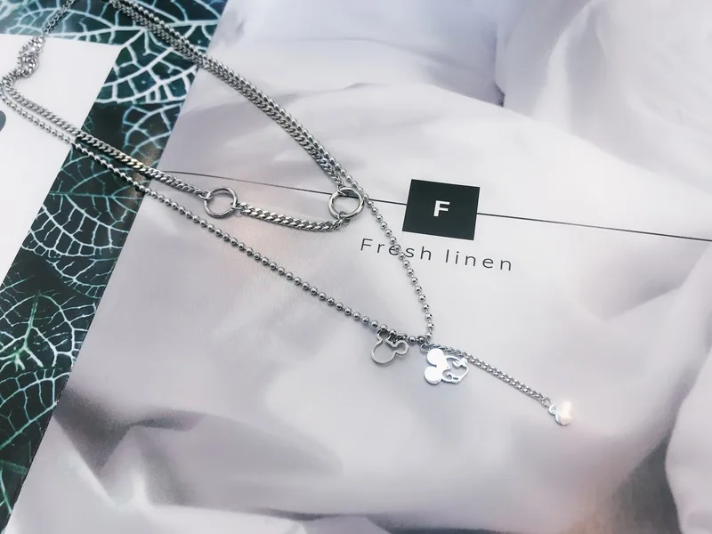 Fashionable titanium steel double layer hollow Mickey necklace Cute Jewelry for Women Girls