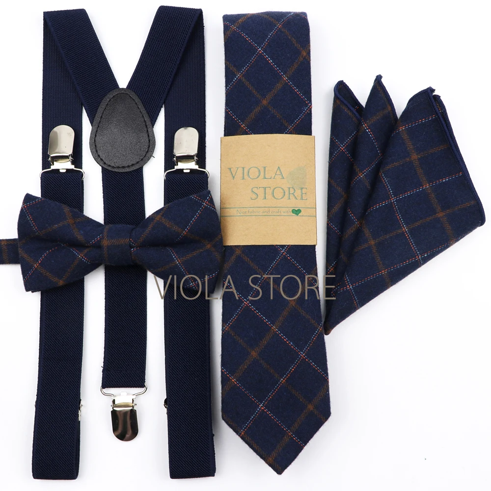 Navy Brown Mint Green Elastic Suspender Plaid Cotton Bow 6cm Tie Pocket Square Set Men Wedding Party Brace Cravat Gift Accessory