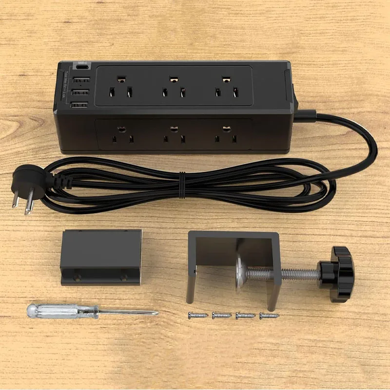 Table Clamp Power Strip USB type C Metal Desktop Mount Outlet Surge Protector Standing Desk Clamp Power Station with cable plug