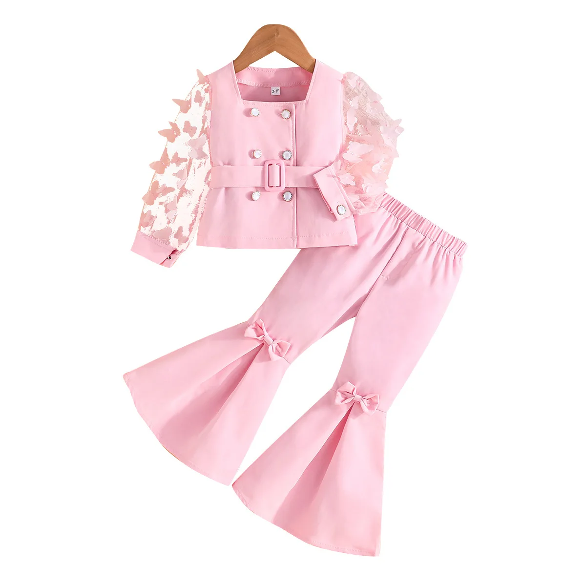 Boutique Spring Autumn Kids Clothing Mesh Embroidered Long Sleeve jacket With Belt And Flared Pants Girls Clothing Set