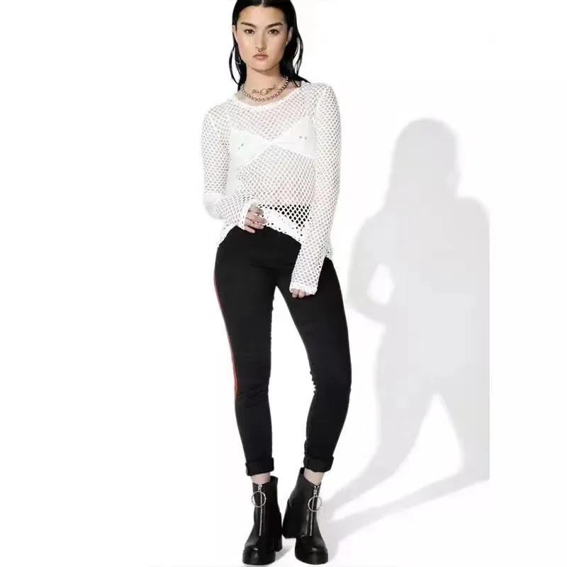 2022 Gothic Summer Streetwear Cover Up Blouse See Through Long Sleeve Hollow Out Ladies Mesh Shirt Fishnet Top Women T Shirts