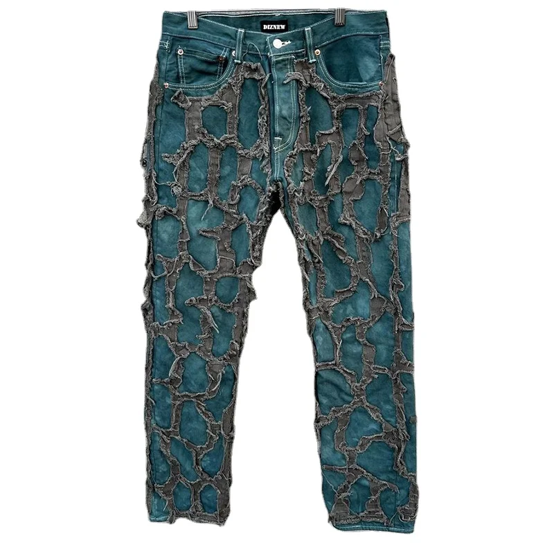 DiZNEW Custom Street loose straight embroidery tear distressed pocket patch loose denim jeans printed jeans Men jeans plus size