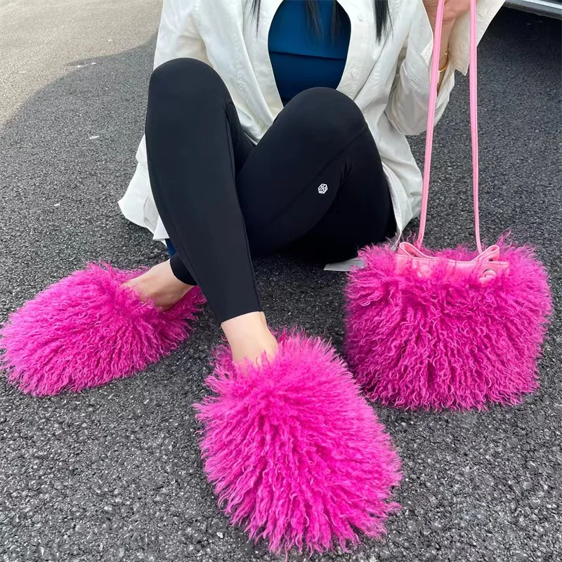 Factory outlet wholesale faux fur plush slippers lady shoulder bag Bucket bag Fox fur ladies shoes and bags set for women luxury