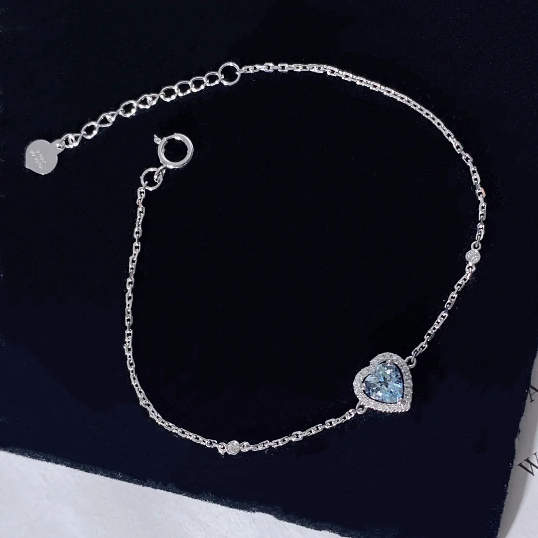 Xinfly 18k Solid White Gold Woman Diamond Aquamarine Gemstone Heart Charm Bracelet