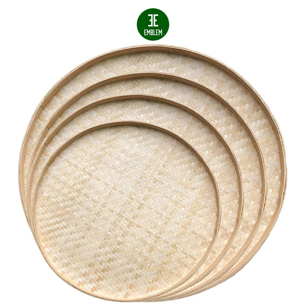 4pcs Woven Bamboo Tray Basket Round Flat Shallow Basket Wall Art Ornament for DIY Drying Food Fruit Basket Kitchen Wall Hanging