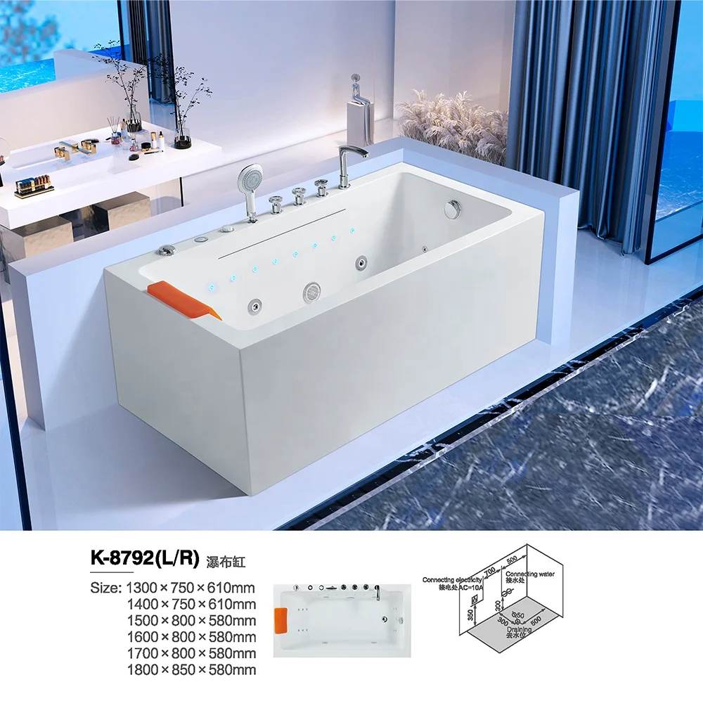 Acrylic Freestanding Rectangle Lazy Spa Hot Waterfall Bubble Bath Tub Control Panel Whirlpools Massage Bathtubs
