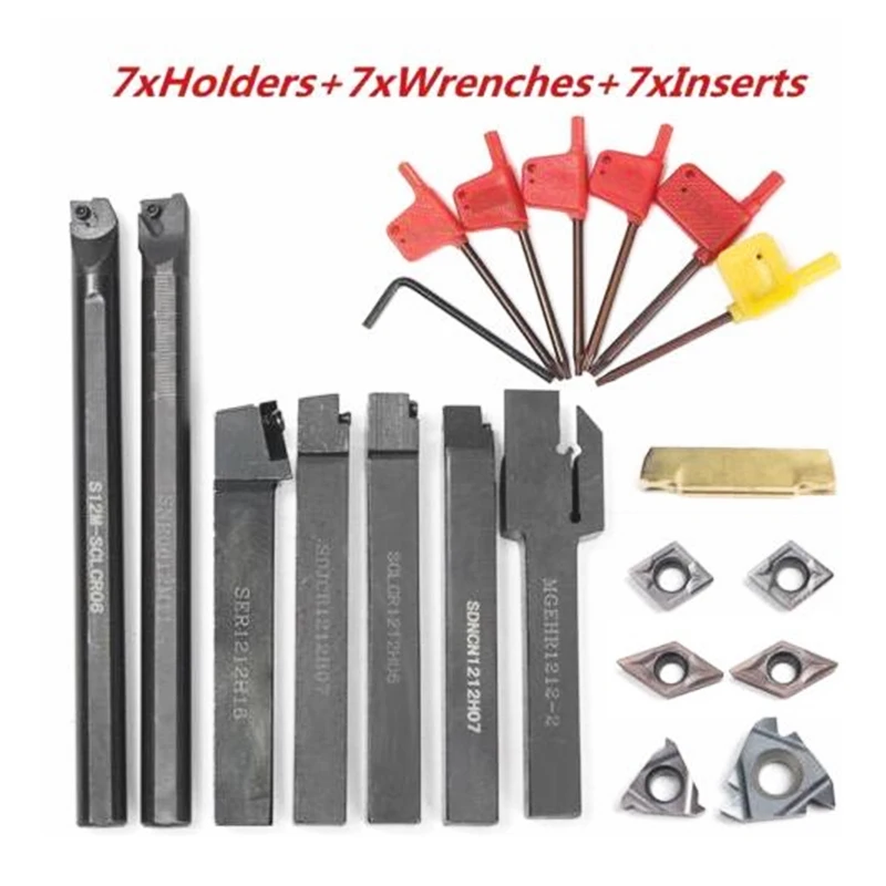 Hard Alloy Boring Bar 7pcs 12mm Lathe tool holder Carbide Alloy Insert Cutter Aluminum Handle For Rotary Lathe Turning Tools
