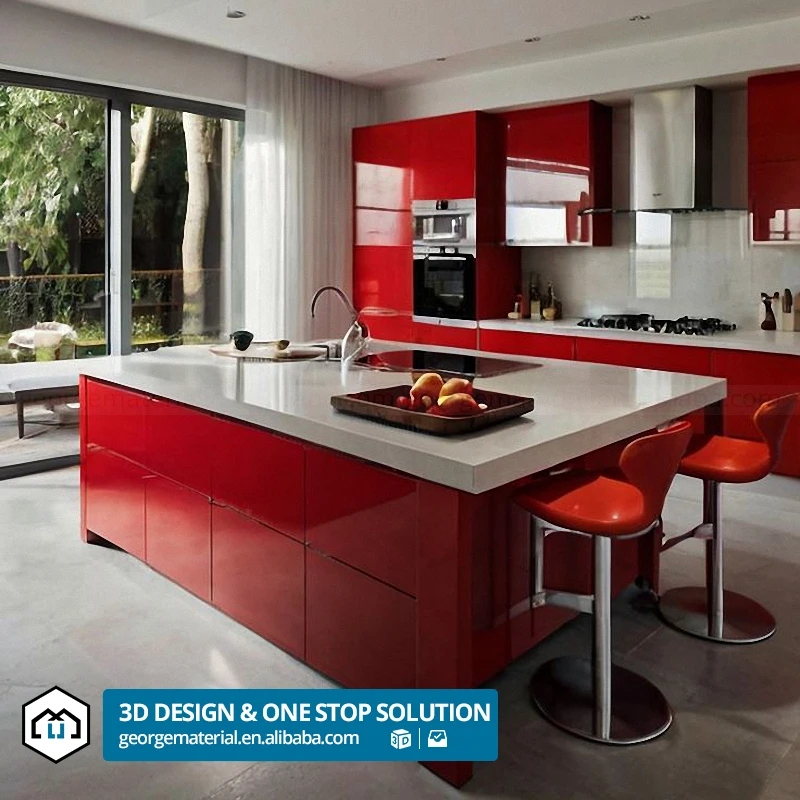 automatic Contemporary Curved Shaped Ready to Assemble Lacquer Kitchen Cabinets with Island