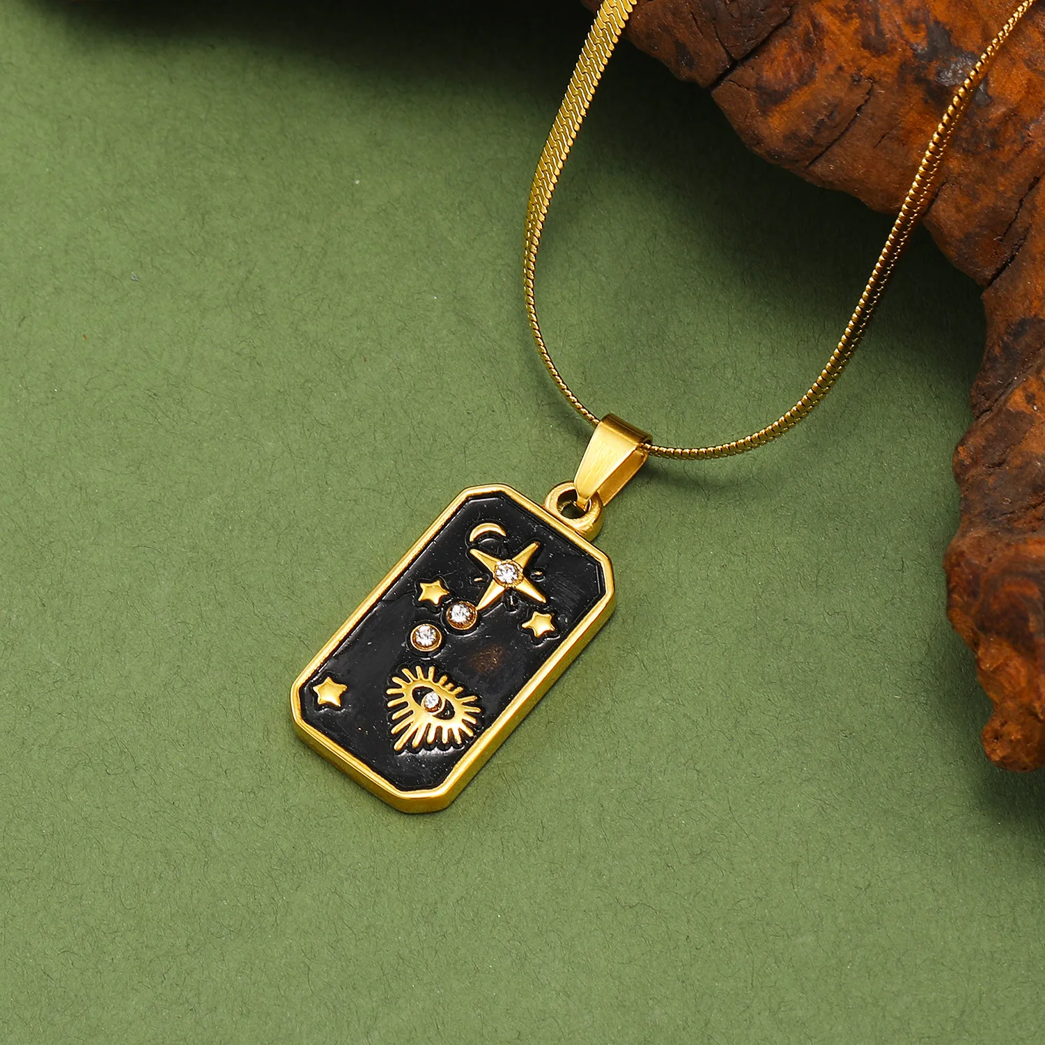 Classic Black Oil Drip Square Plate Divination Necklaces Gold Stainless Steel Snake Chain Diamond Inlay Tarot Necklaces