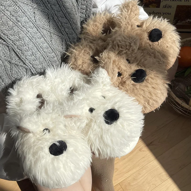 Cute Dog Fuzzy Animal Plush Lady Cartoon Slippers Warm Home Indoor Winter Shoes Fashion Fur Slippers For Women
