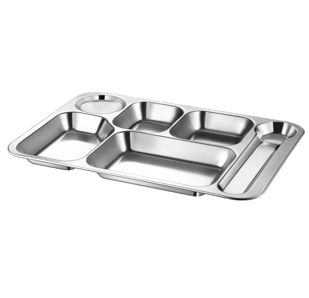 stainless steel 201 lunch dinner snack plate fast food tray 6 compartment Divided tray for school canteen adult and kids