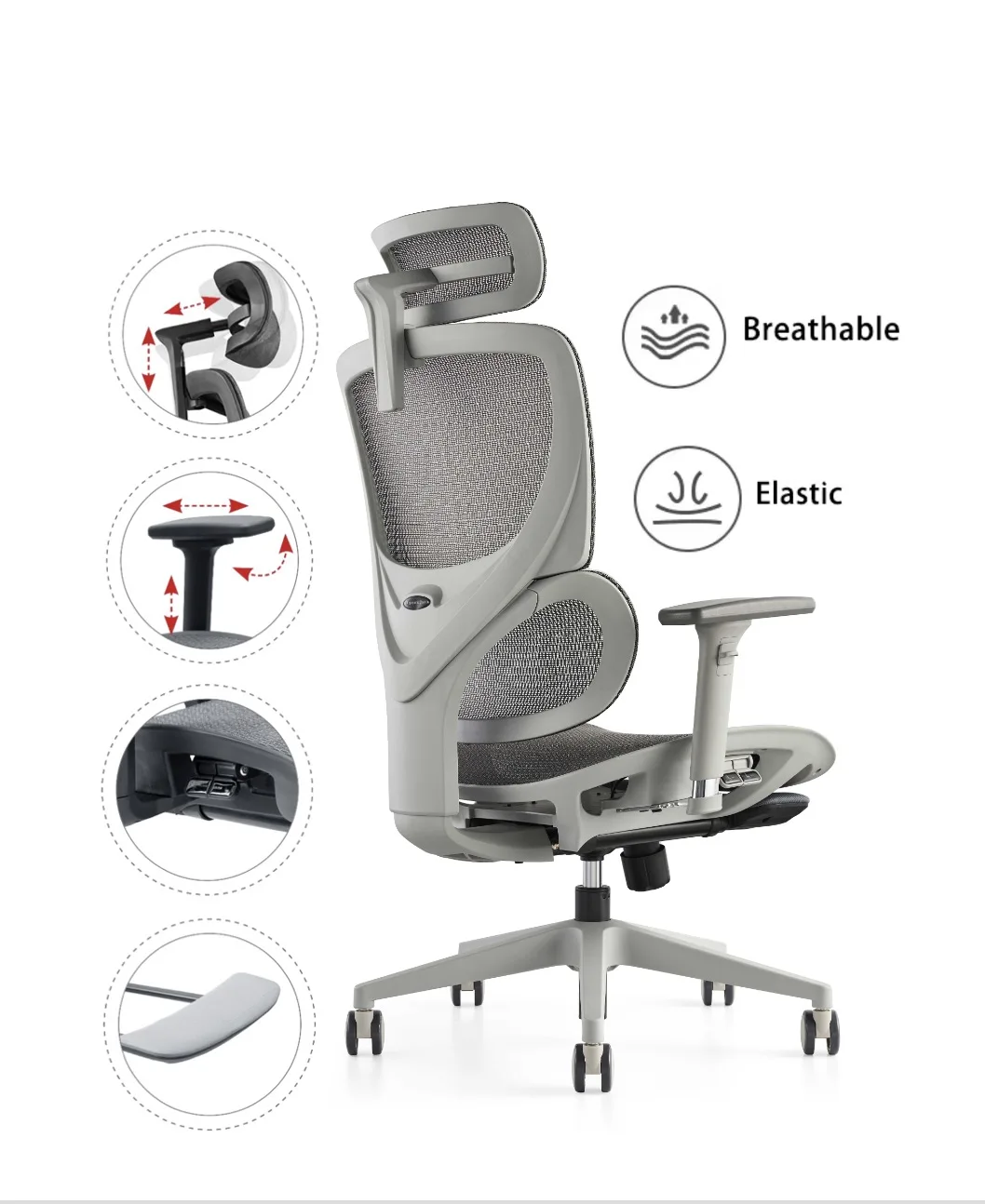 Grey Color Mesh Computer Ergonomic Office Chair Wire Control Mechanism High Back Swivel Executive Chair With Footrest