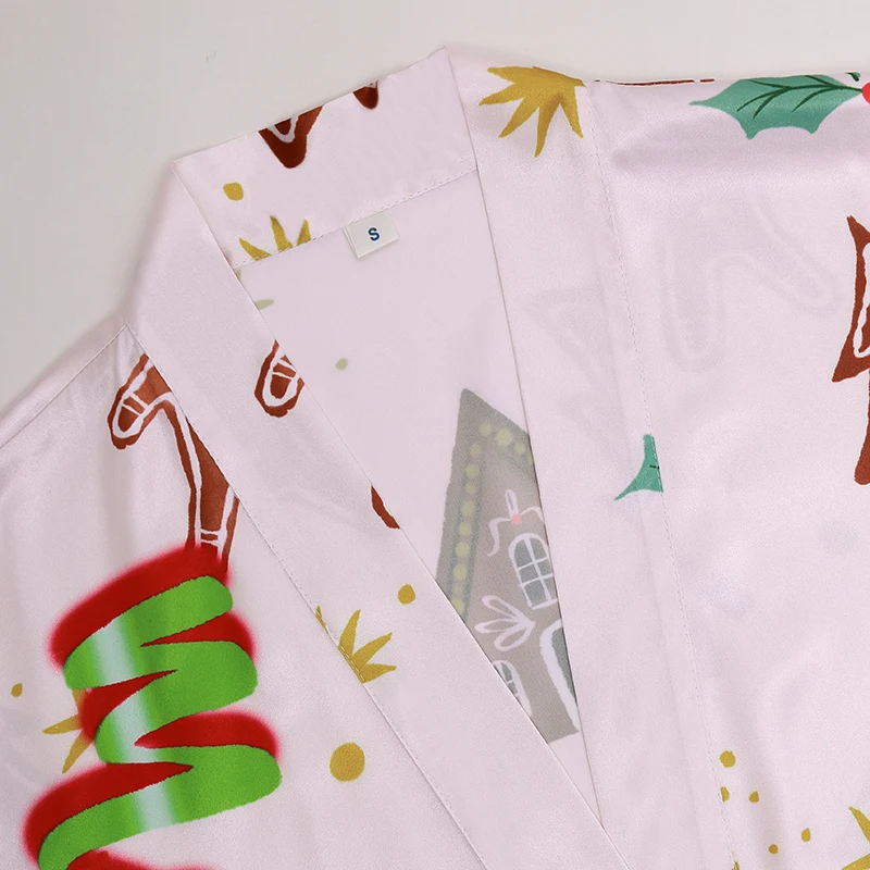 2022 Free size christmas tree pattern designs lounge wear three quarters sleeve satin silky christmas short robe for adult women