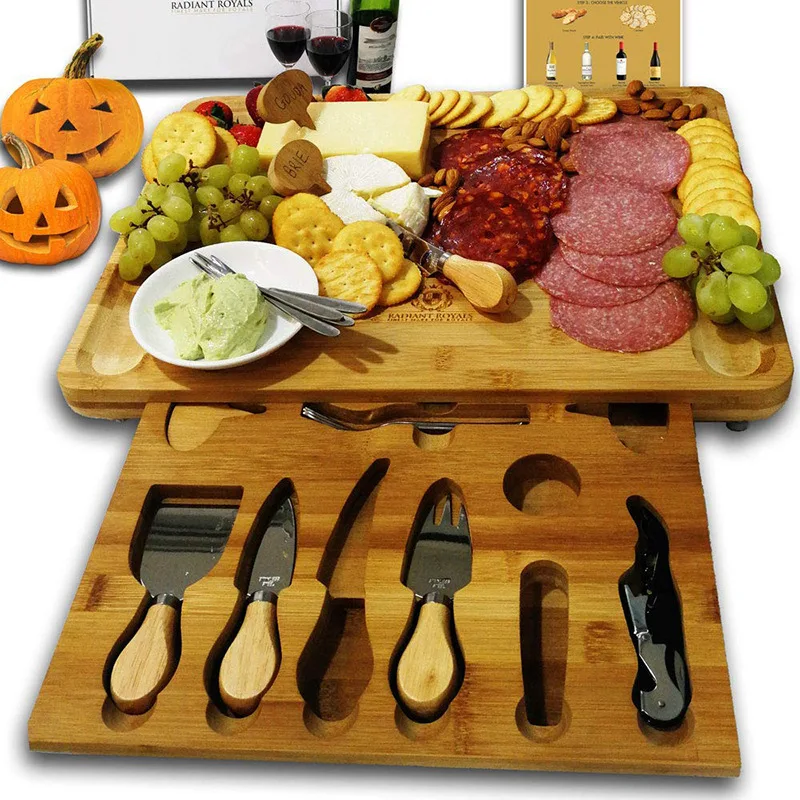 
Premium bamboo cheese board charcuterie serving board platter and knife set with hidden slid-out drawer 