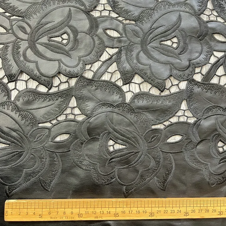 Wholesale Punk Style Black PU Leather Rose Flowers laser Embroidery Fabric