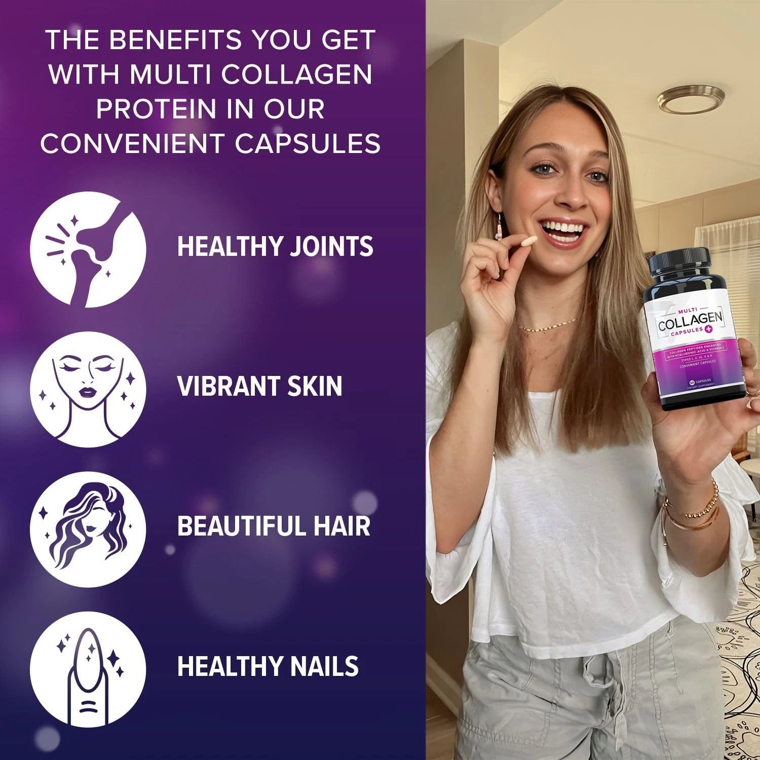 Customizable Hyaluronic Acid and Vitamin C Hydrolyzed Collagen Peptides Types I II III V X Multi Collagen Capsules