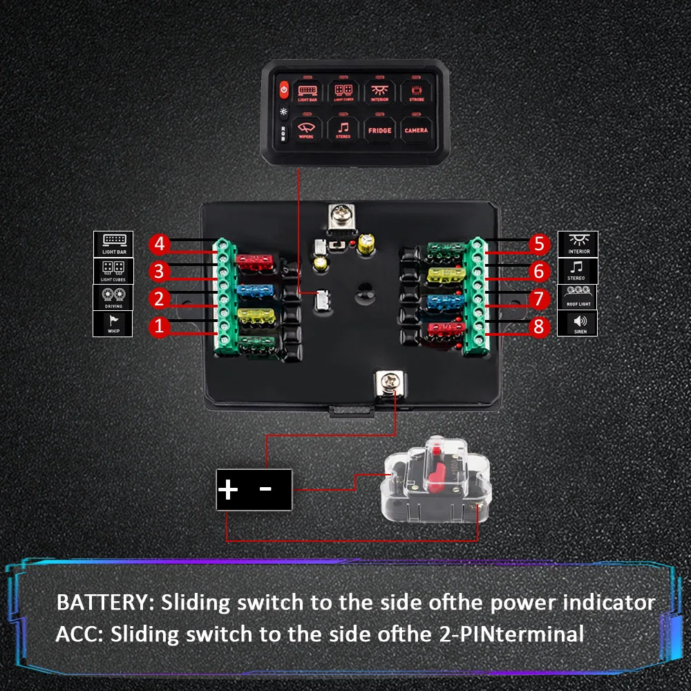 8 Gang Switch Panel Switch Pod Control Up to 8 Different Auxiliary LED Lights Light Bar Fog Whip Fan Offroad Auto