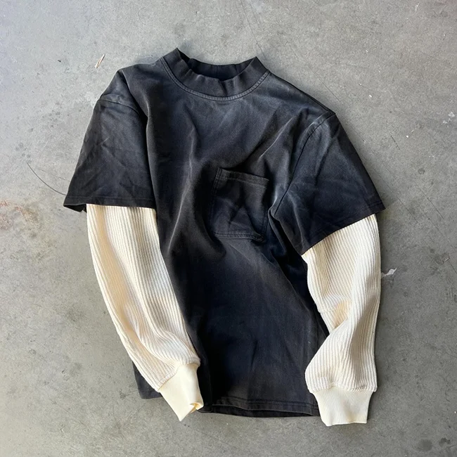Custom Blank Sun Faded Acid Washed Casual Waffle Knit T Shirt Pocket Heavyweight Cotton Double Layer Long Sleeve T-Shirt Men